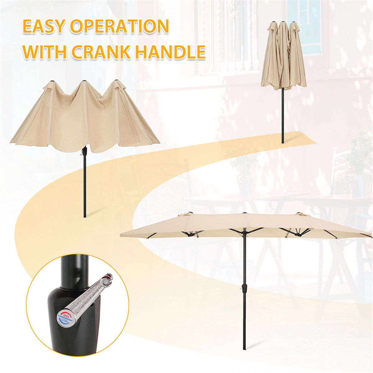 Tan Double-Sided Rectangular Patio Market Umbrella with Crank F7824