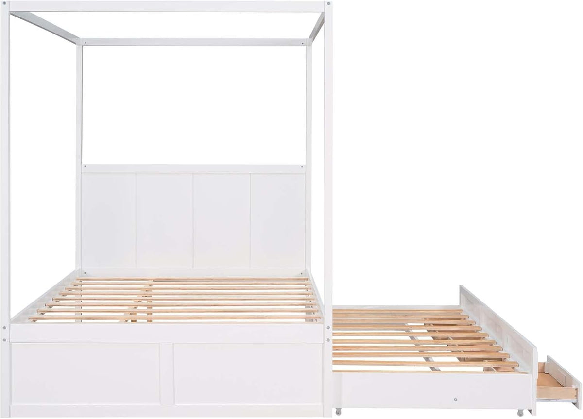 White Queen Size Wood Canopy Platform Bed with Twin Size Trundle Bed and 3 Storage Drawers L64784