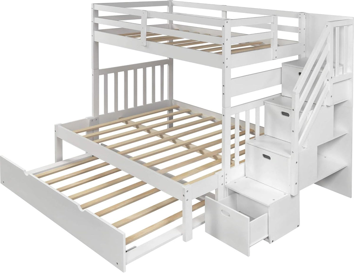 White Twin Over Twin Bunk with Trundle, 4 Drawers, and 3 Shelves V70062
