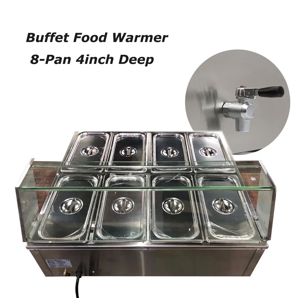 8 Pot Stainless Steel Buffet Food Warmer with Glass Shield Q20964