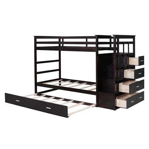 Full Over Full Wood Bunk Bed with Twin Trundle and Stairs, Espresso S97277