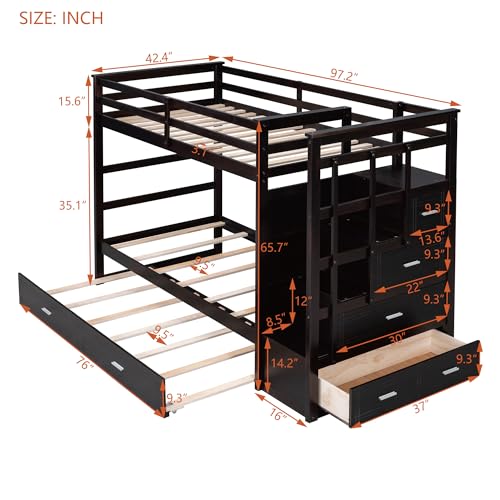 Full Over Full Wood Bunk Bed with Twin Trundle and Stairs, Espresso S97277