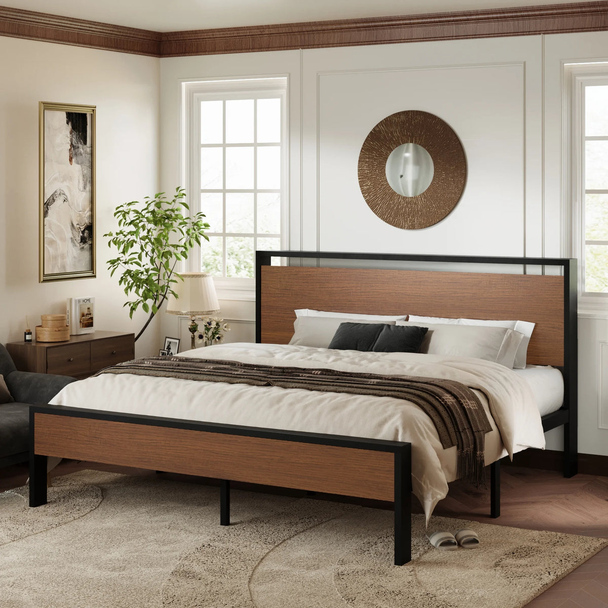Walnut King Size Platform Bed Frame with Wood Headboard A7215