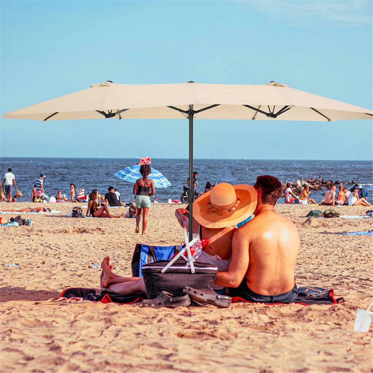 Tan Double-Sided Rectangular Patio Market Umbrella with Crank F7824