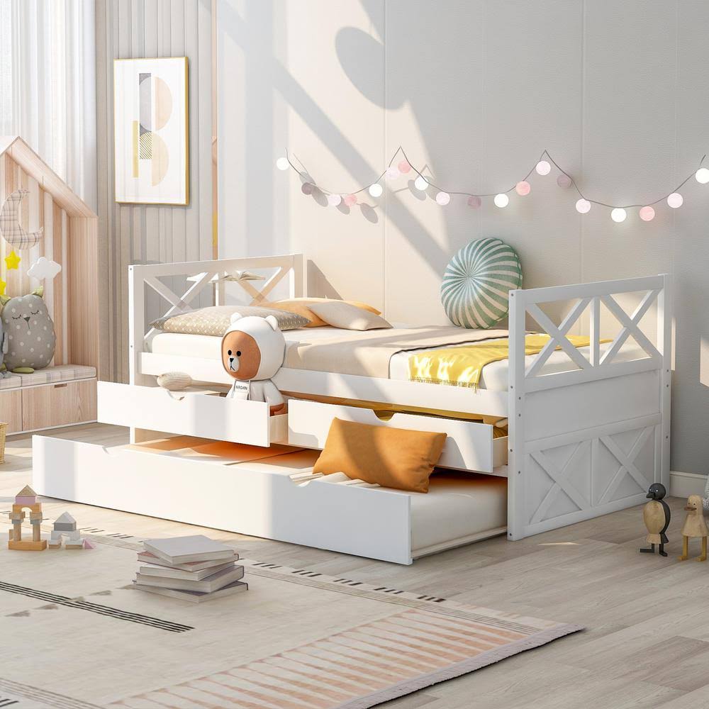 White Twin Size Wood Daybed with 2-Drawers and Trundle P351470