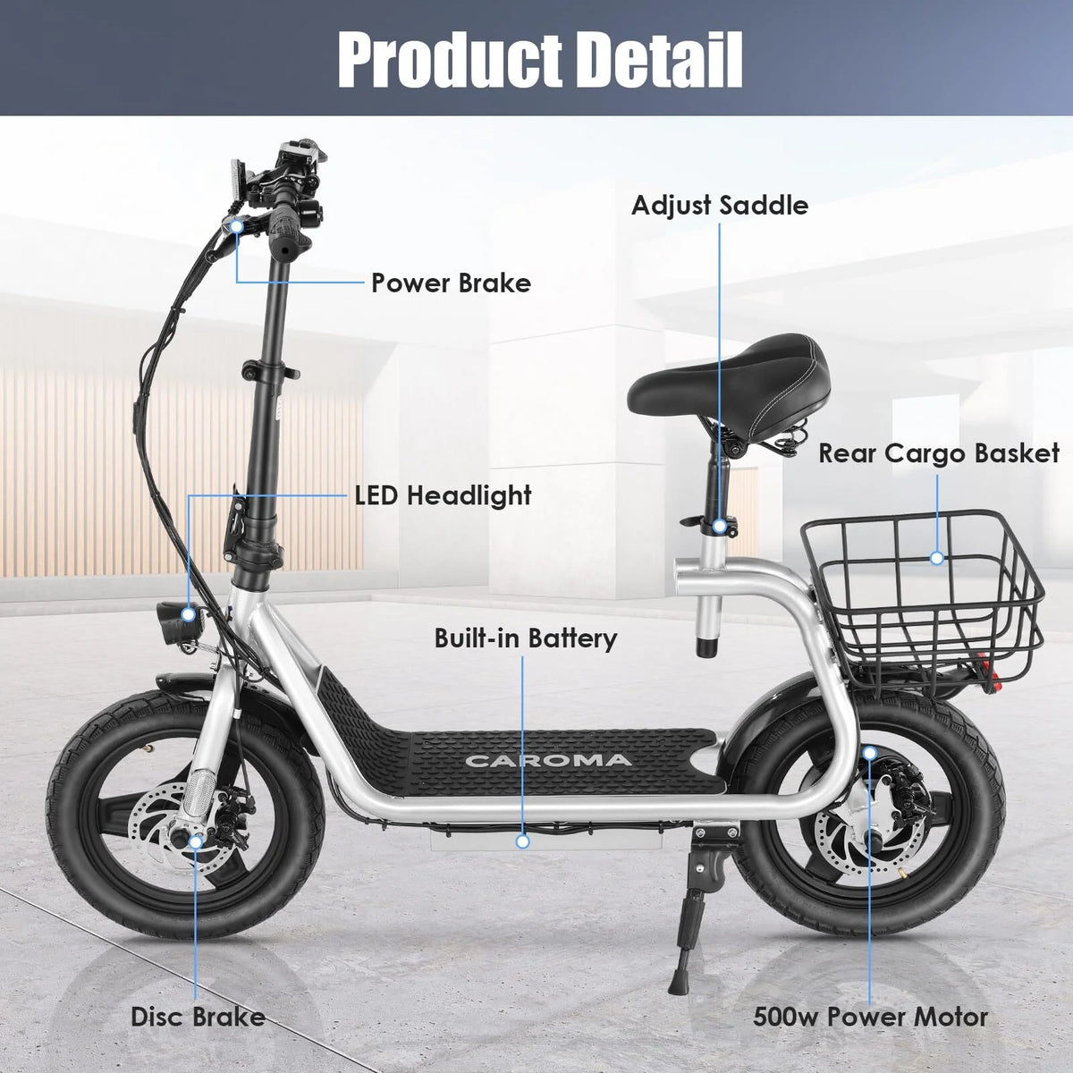 800W Adults Folding Electric Scooter with Removable Seat, Basket, 14" Tire, Silver B498