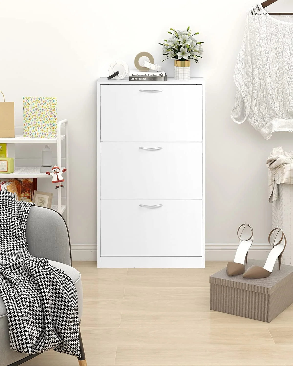 White Narrow 3 Tier Wood Shoe Cabinet H817