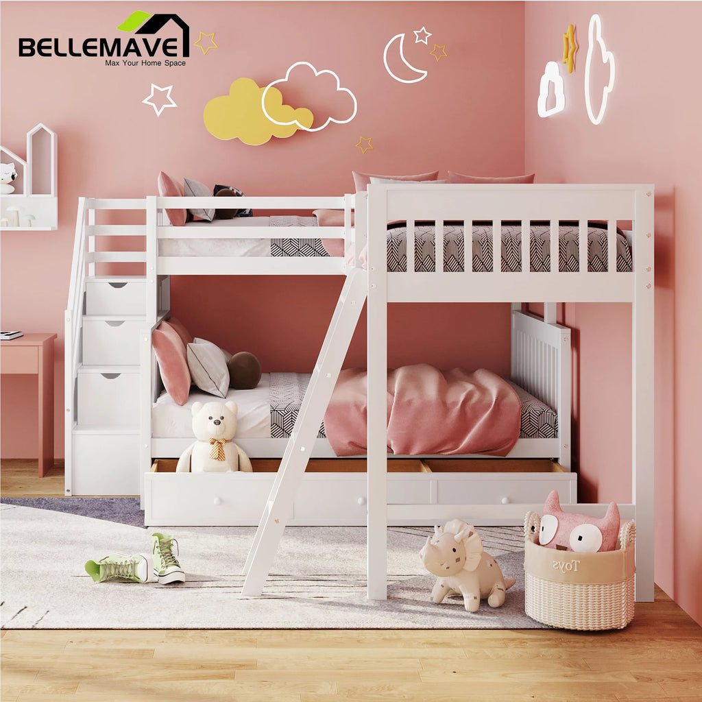 L-Shaped Twin over Full Size Bunk Beds with Storage Stairs and Drawers C862450