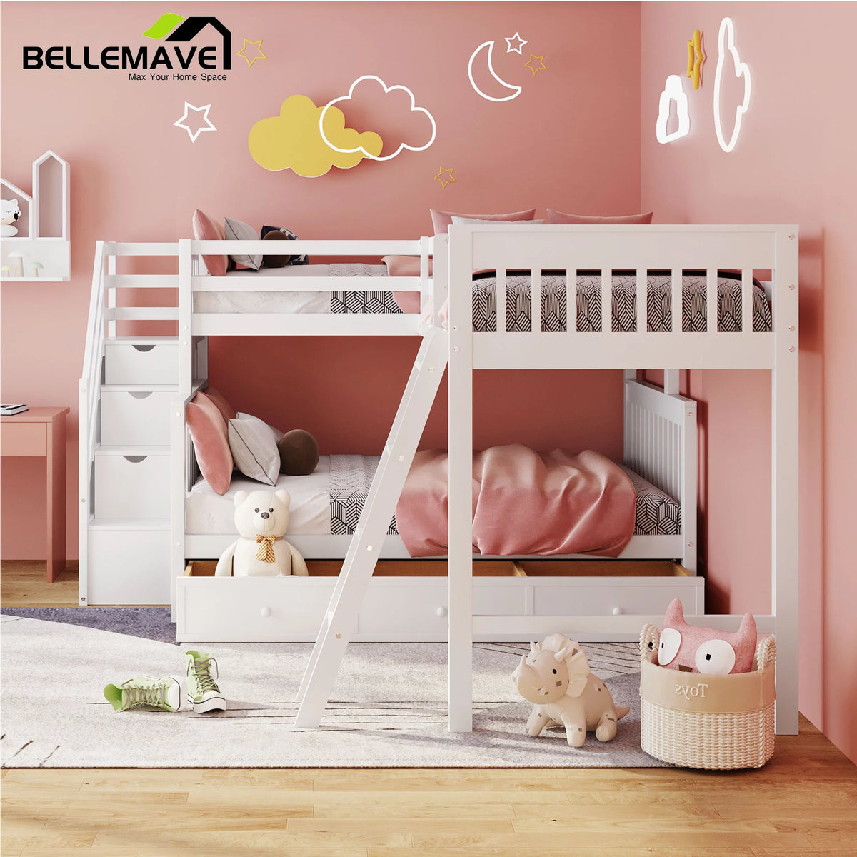 L-Shaped Twin over Full Size Bunk Beds with Storage Stairs and Drawers C862450