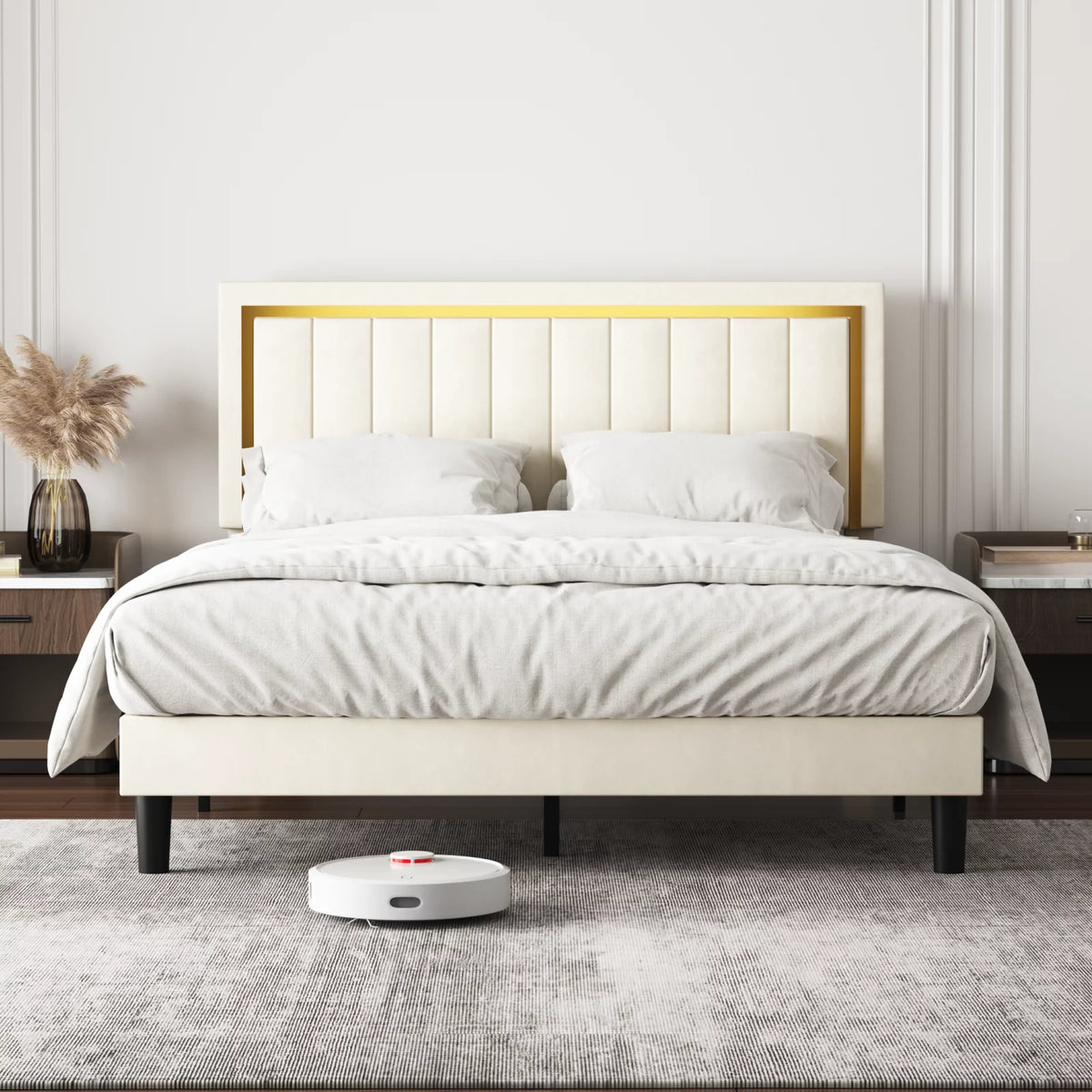 Queen Velvet Platform Bed with Adjustable Headboard W2758