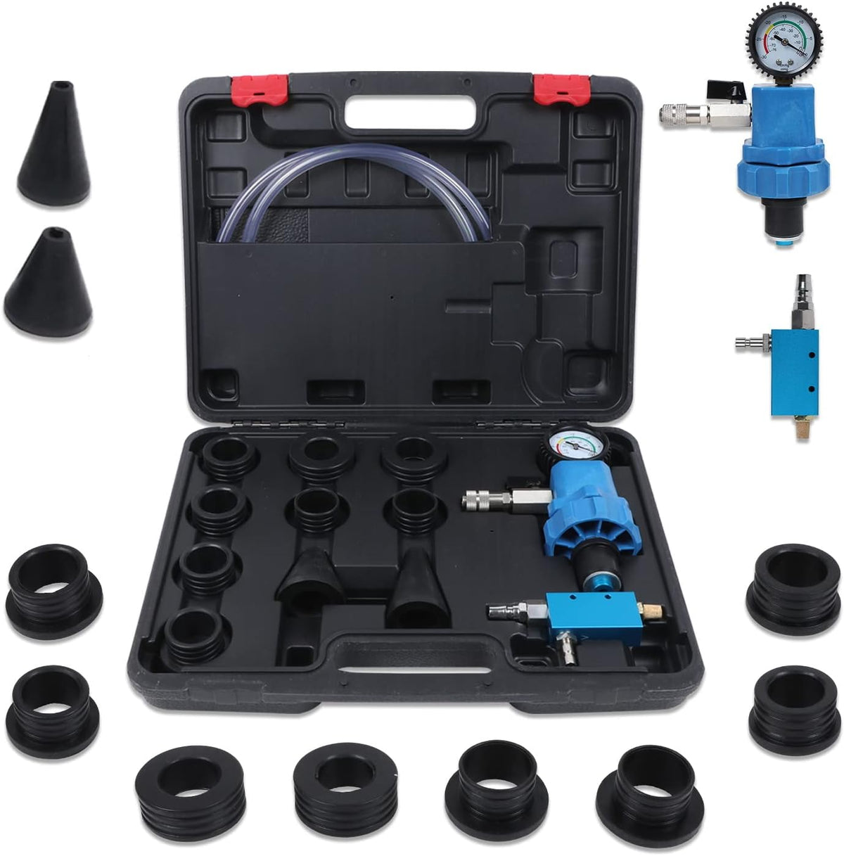 Universal Coolant Vacuum Refill Kit with Dual Scale Pressure Gauge, 2PCS Rubber Plug and 8PCS Rubber Adapters F6205