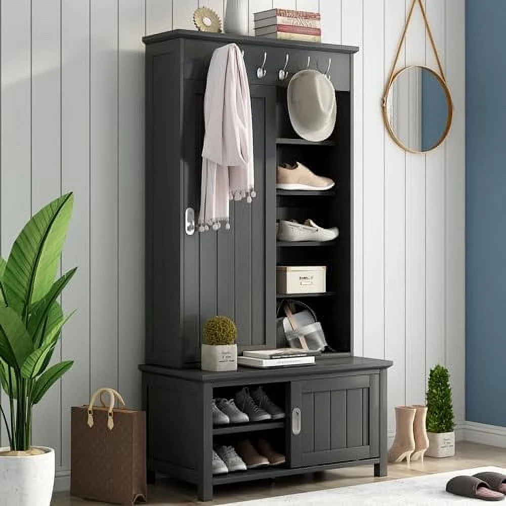 Black Hall Tree with Shoe Drawers and Bench V987955