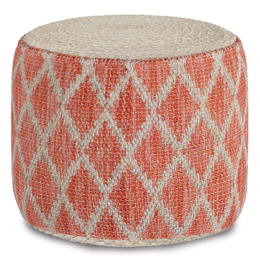 Coral and Natural Woven Braided Jute Round Pouf O5383