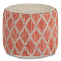 Coral and Natural Woven Braided Jute Round Pouf O5383