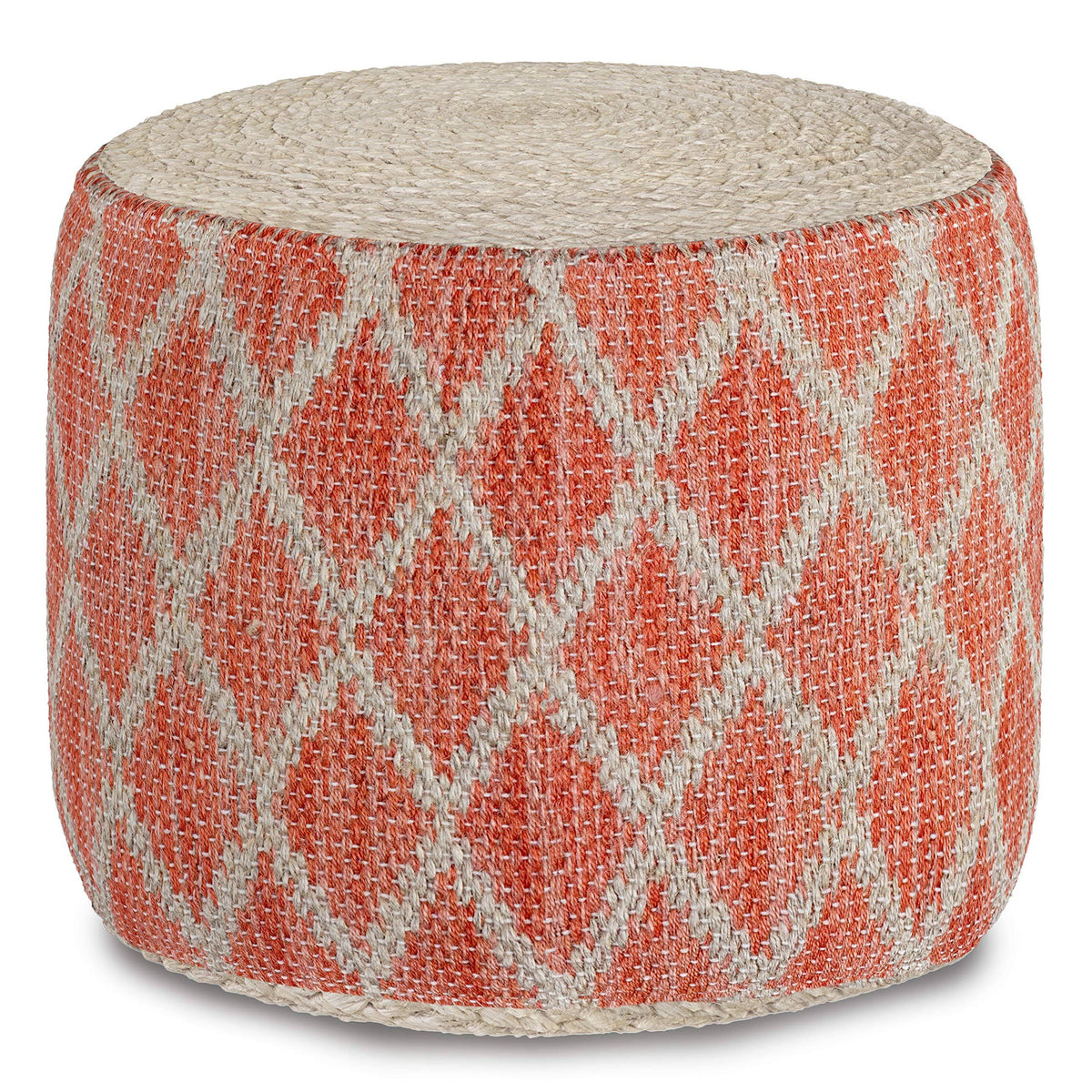 Coral and Natural Woven Braided Jute Round Pouf O5383