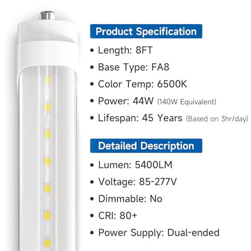 20-Pack 8FT LED Bulbs, 44W 6500K Daylight, FA8 Single Pin B425