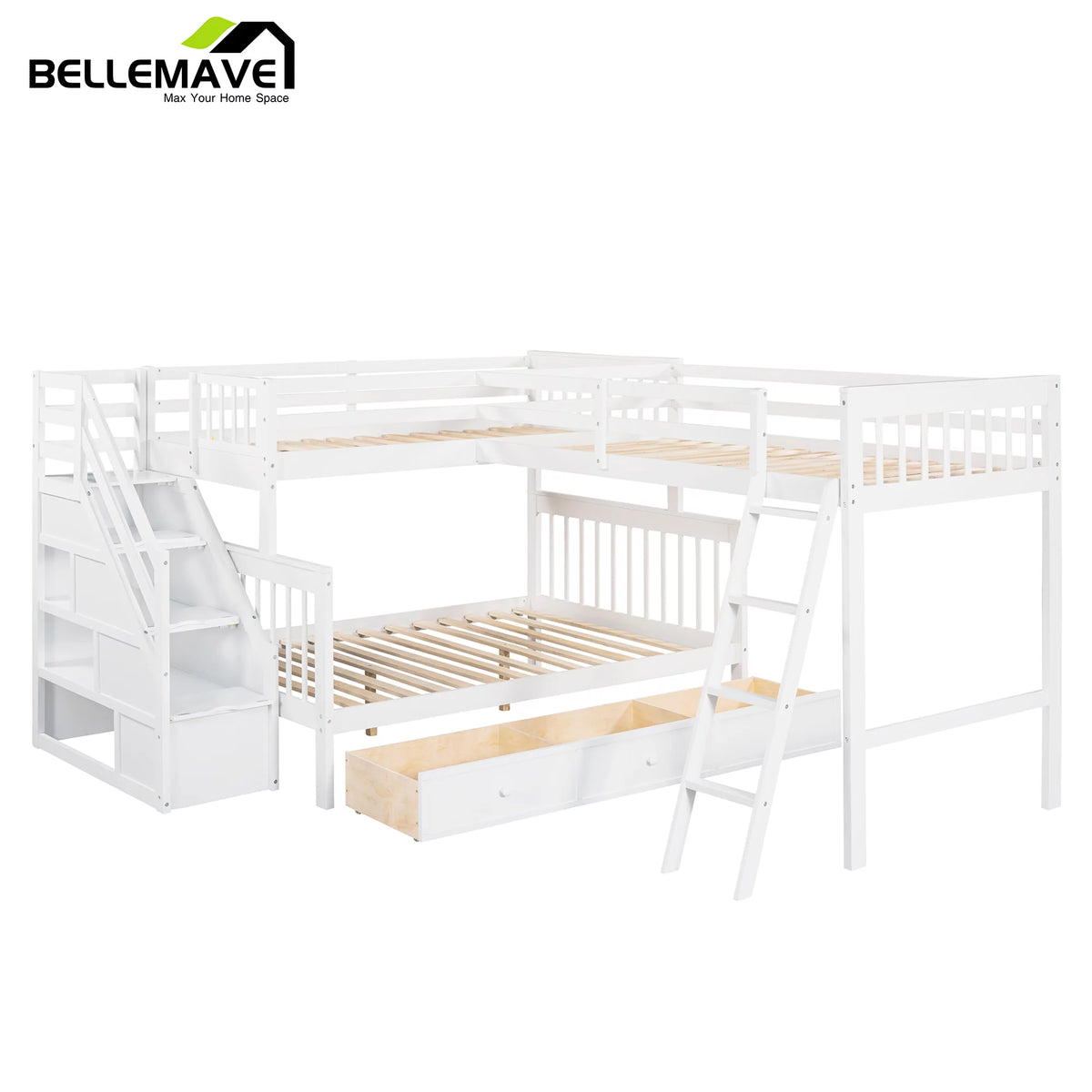 L-Shaped Twin over Full Size Bunk Beds with Storage Stairs and Drawers C862450