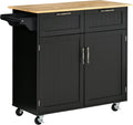 Black Rolling Kitchen Island with Rubberwood Top and Drawers S53570