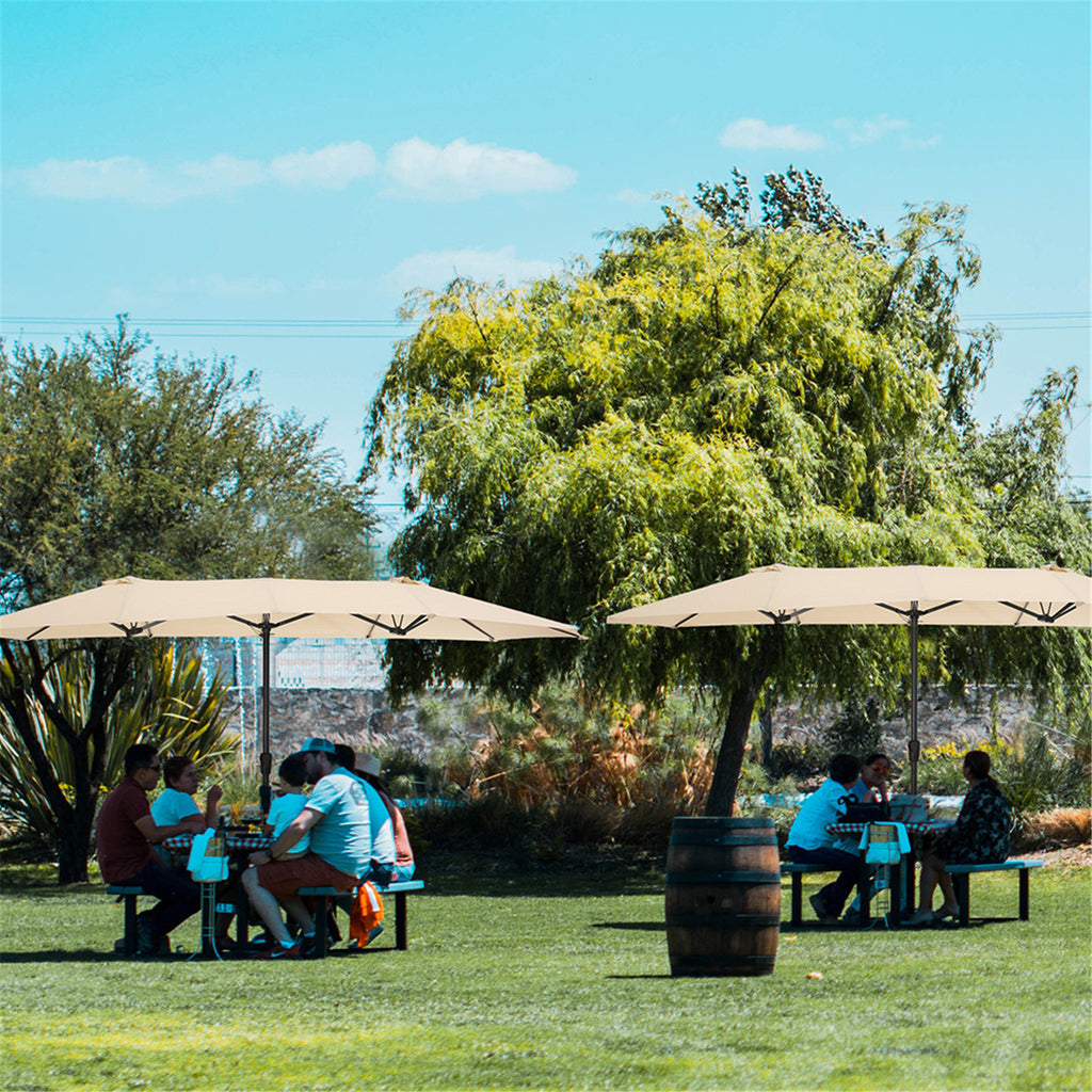 Tan Double-Sided Rectangular Patio Market Umbrella with Crank F7824
