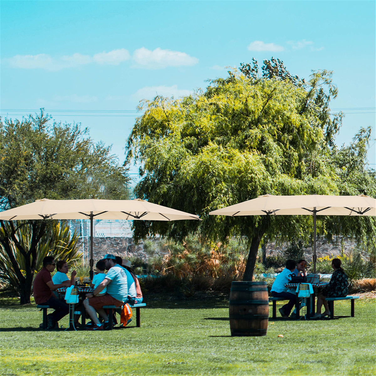 Tan Double-Sided Rectangular Patio Market Umbrella with Crank F7824