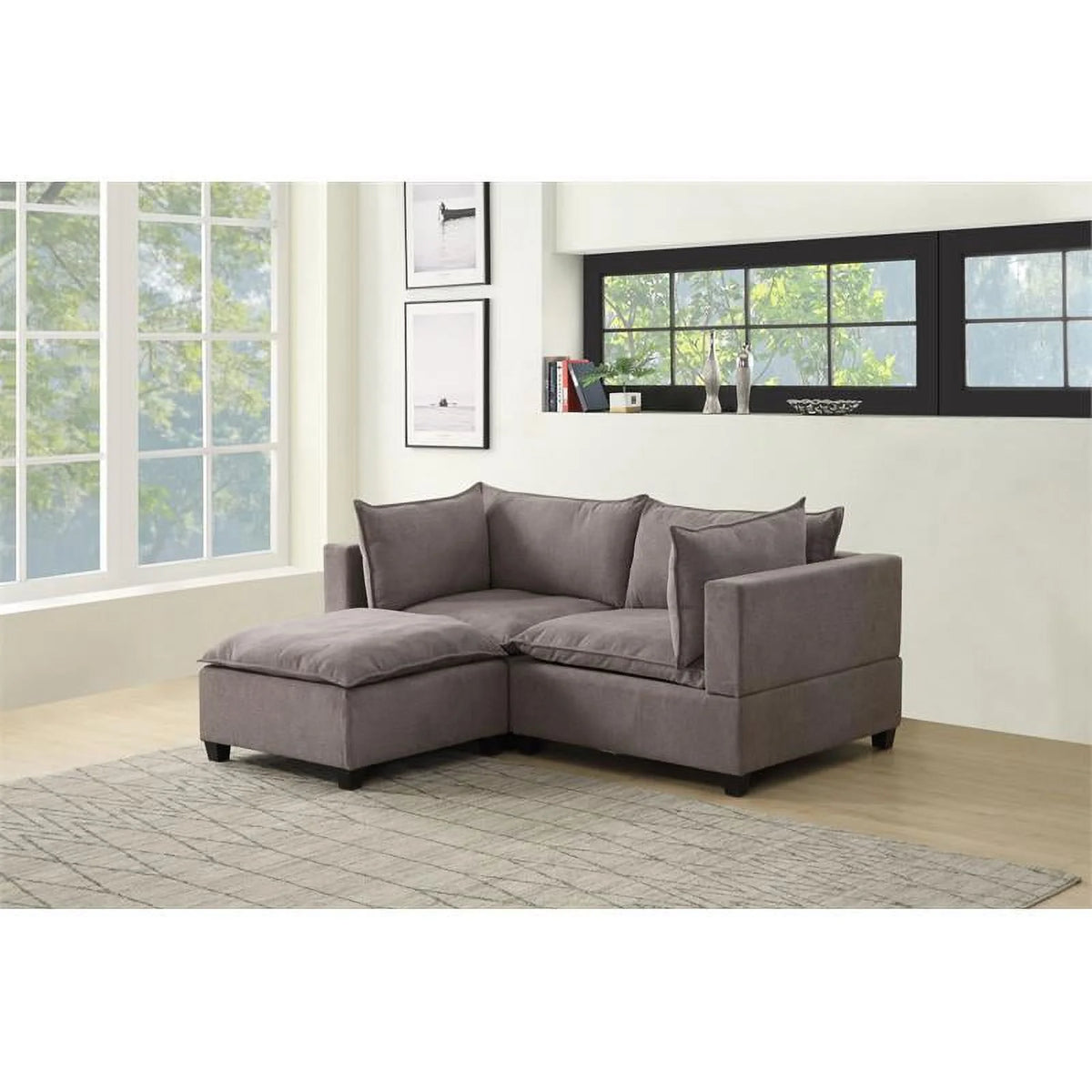 Light Gray Woven Fabric Sectional Loveseat Sofa with Ottoman U13704