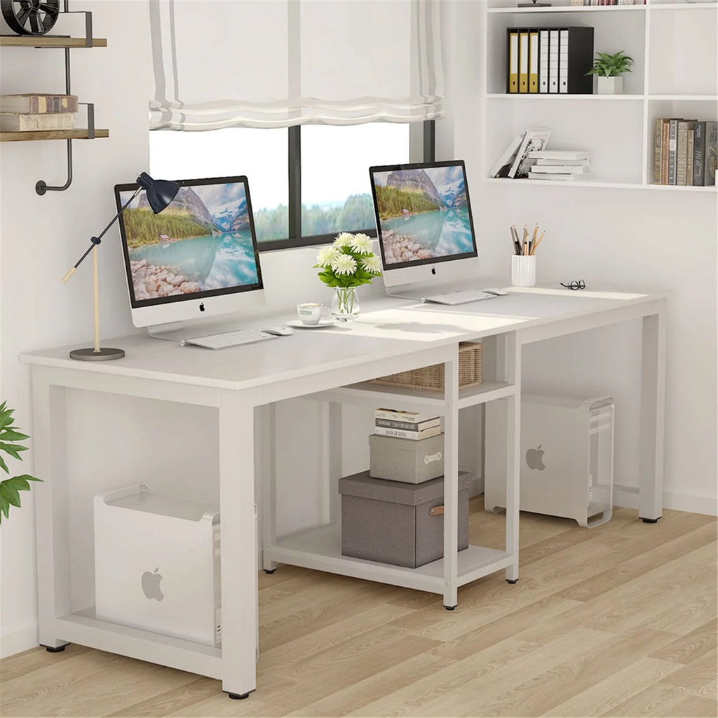 White 78 Inches Rectangle Computer Desk with Shelves C7867