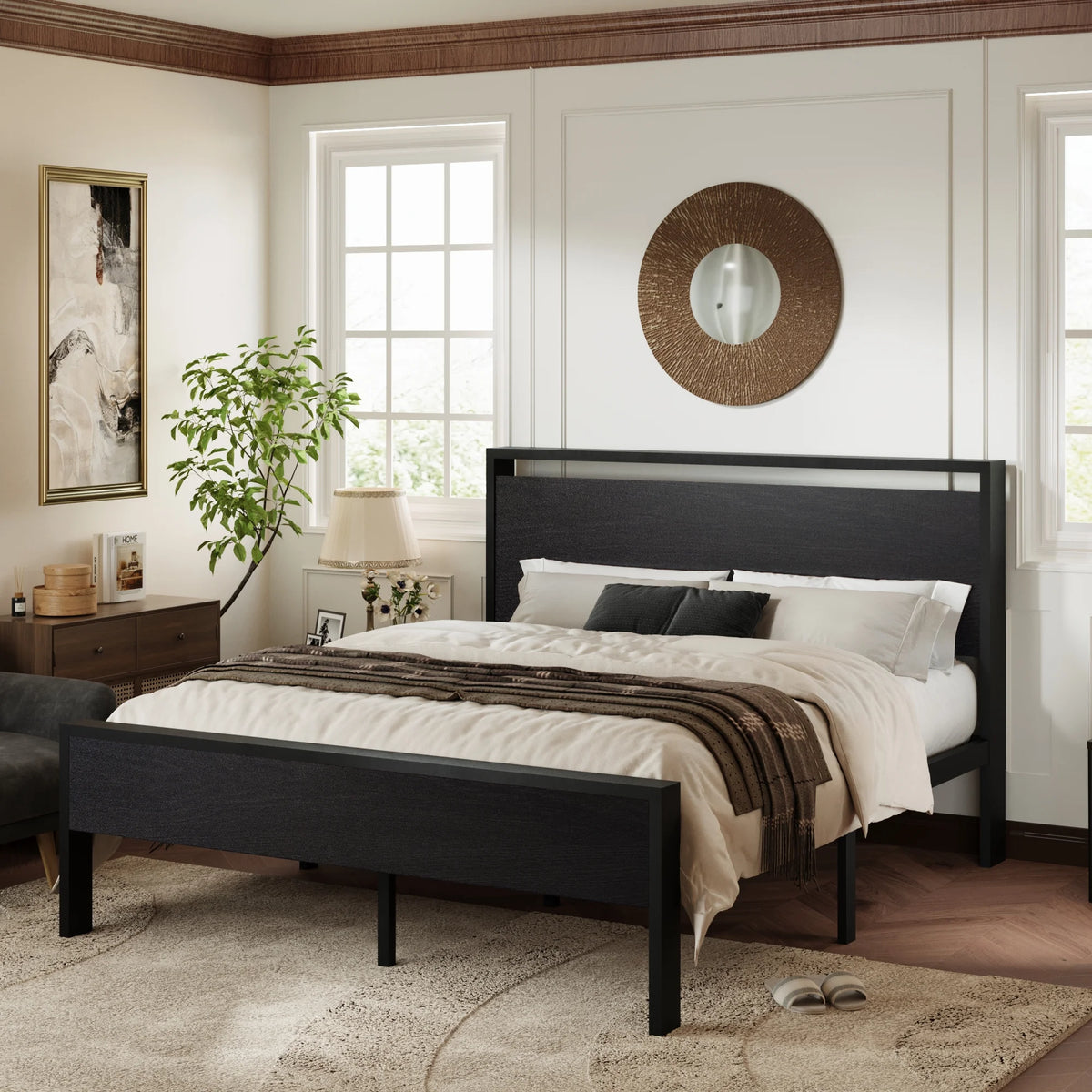 Walnut King Size Platform Bed Frame with Wood Headboard A7215