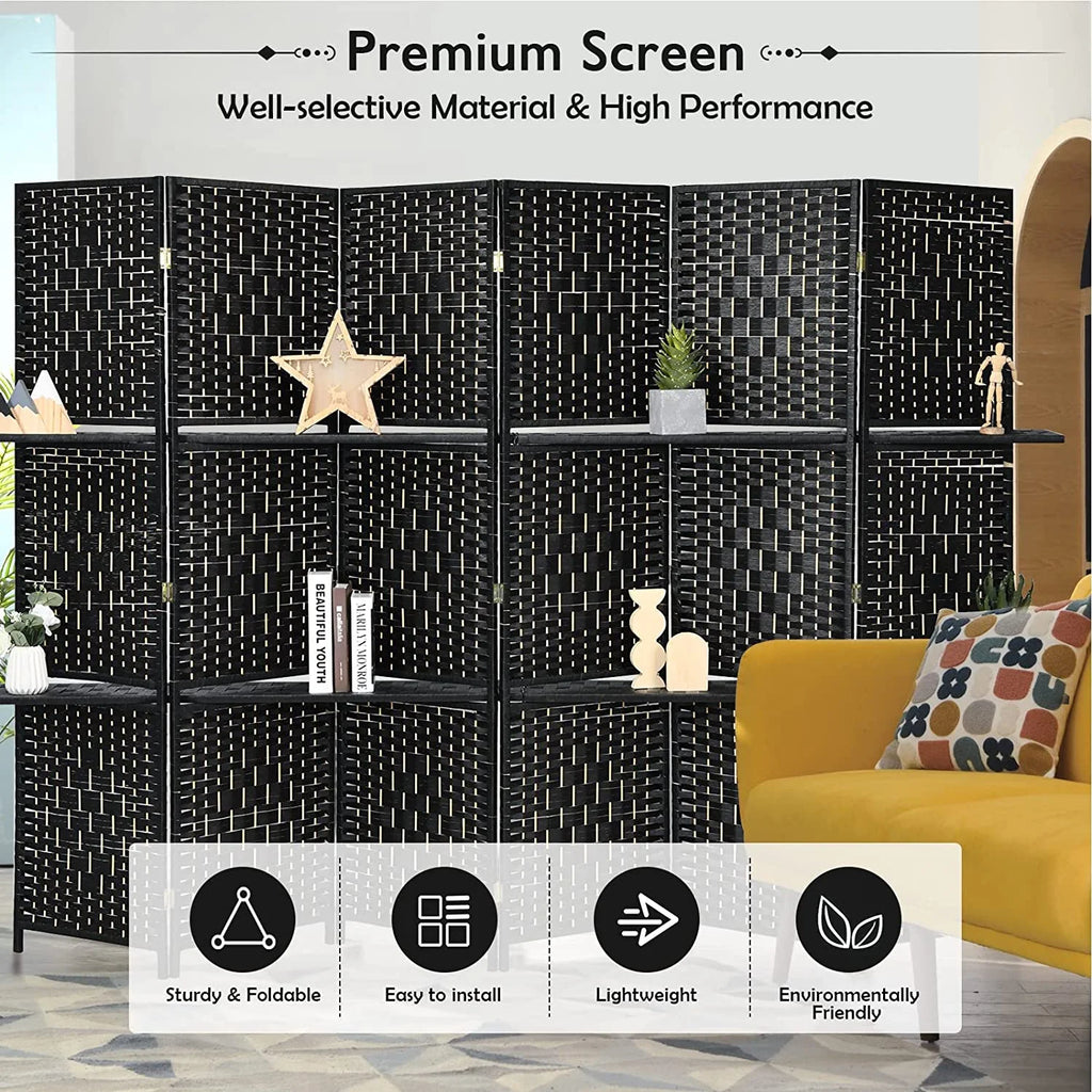6Ft 6 Panel Hand-Woven Rattan Room Divider with Shelves M109