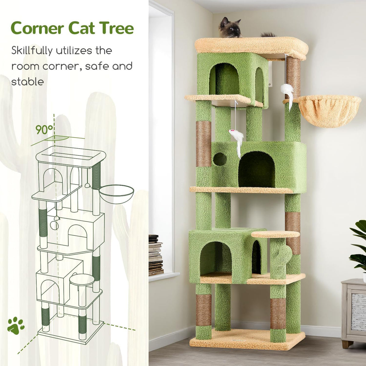 66 inch Multi-Level Cactus Climbing Tower Kitty Condo with Large Platform, 3 Caves M68820