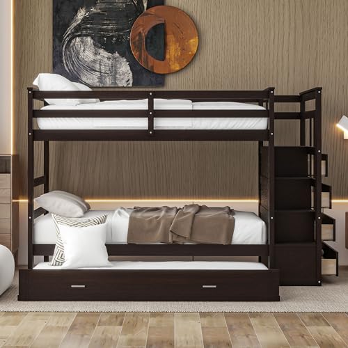 Full Over Full Wood Bunk Bed with Twin Trundle and Stairs, Espresso S97277