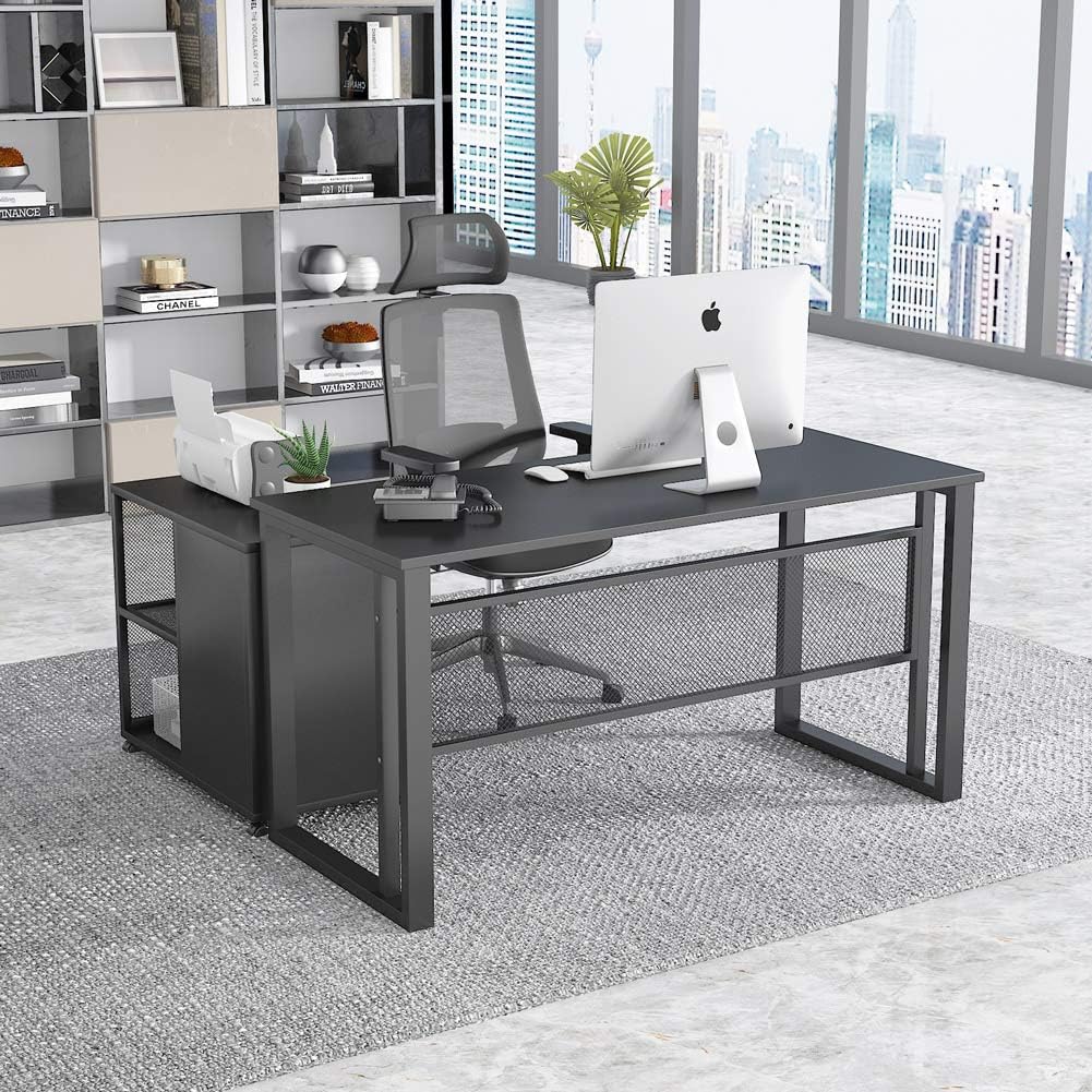 Black 55 inch L-Shaped Computer Desk with File Cabinet D308