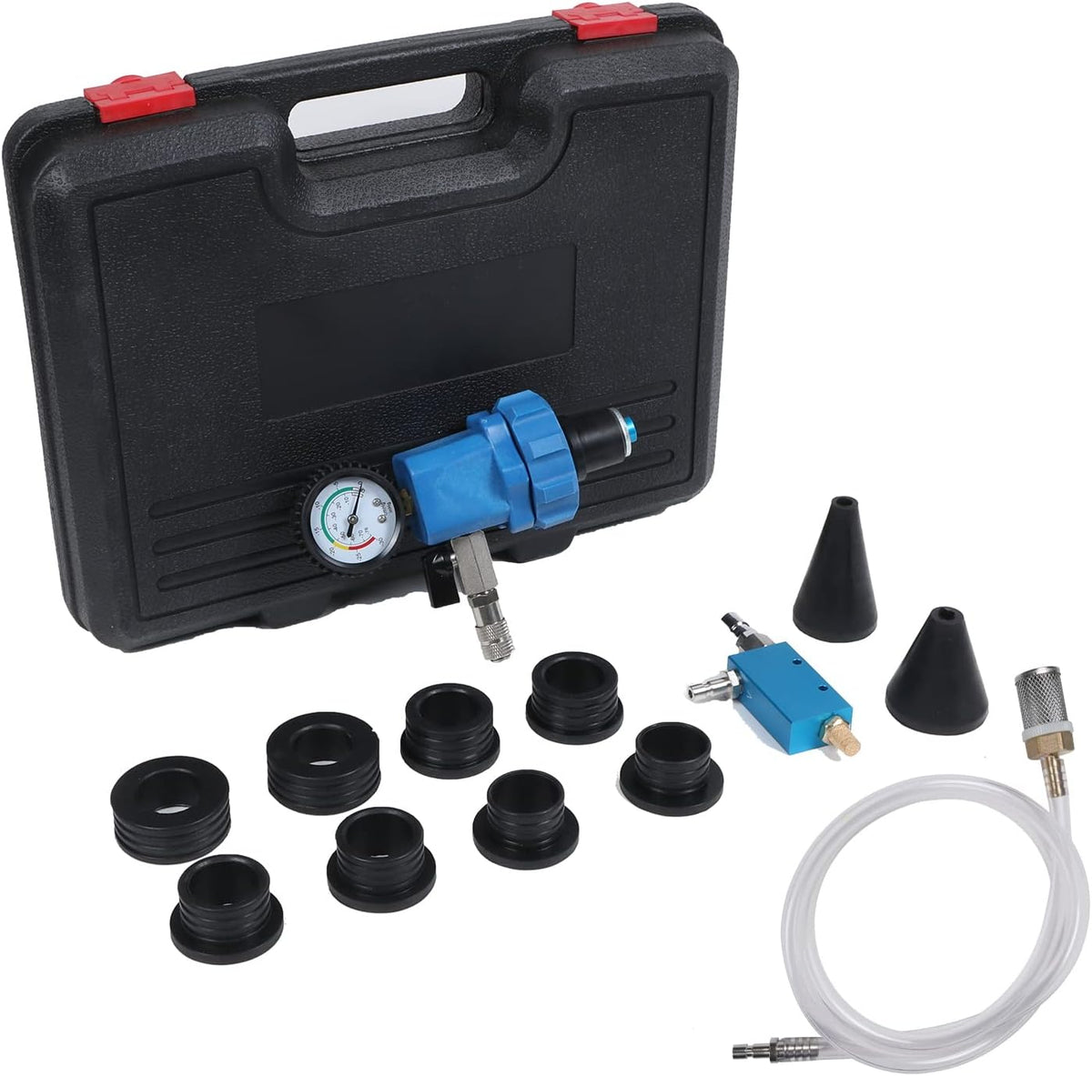 Universal Coolant Vacuum Refill Kit with Dual Scale Pressure Gauge, 2PCS Rubber Plug and 8PCS Rubber Adapters F6205