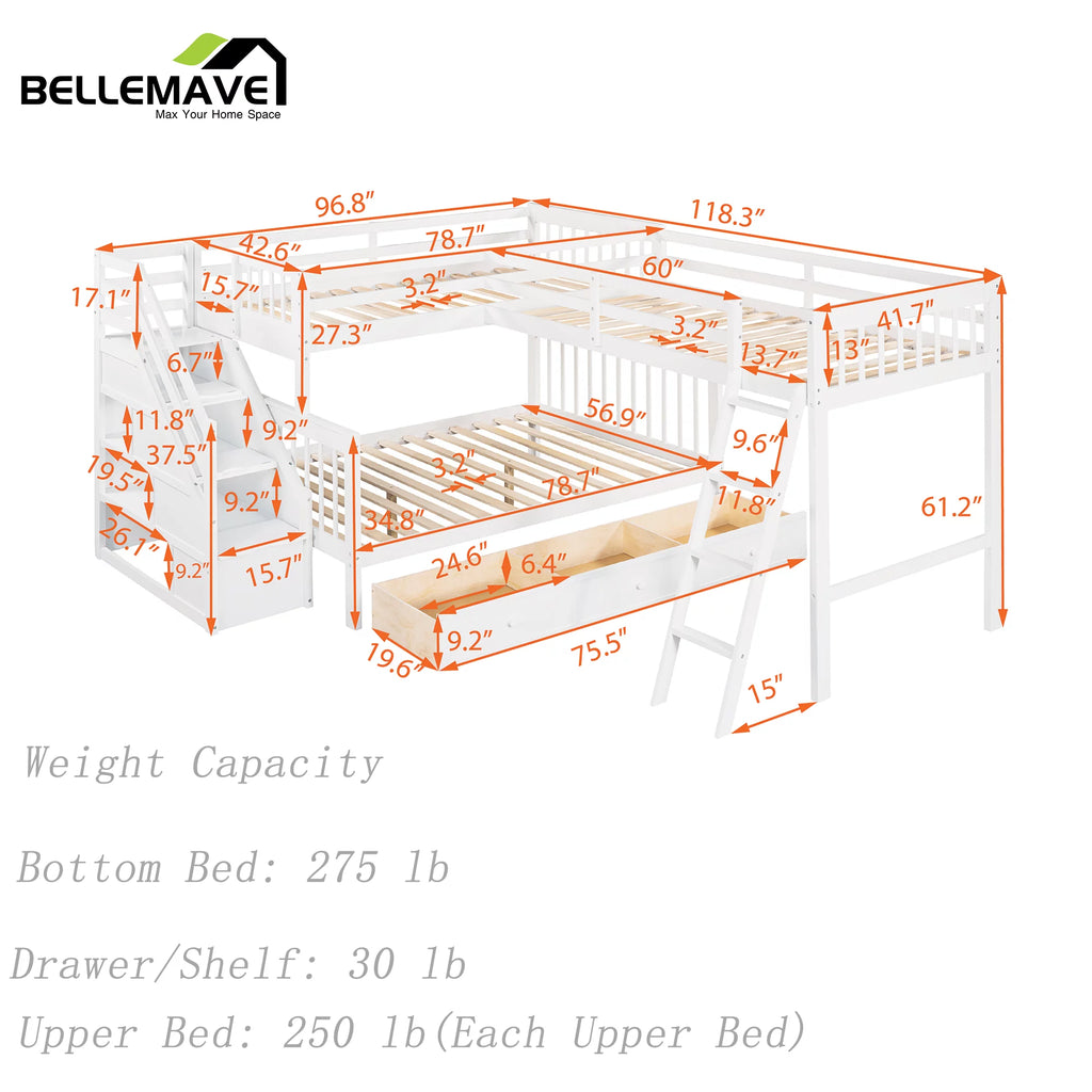 L-Shaped Twin over Full Size Bunk Beds with Storage Stairs and Drawers C862450