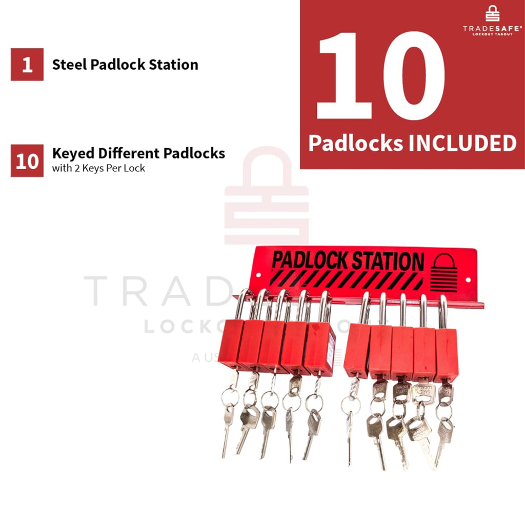 Lockout Tagout Station with 10 Padlocks, Carbon Steel Body, Pack of 2 R349