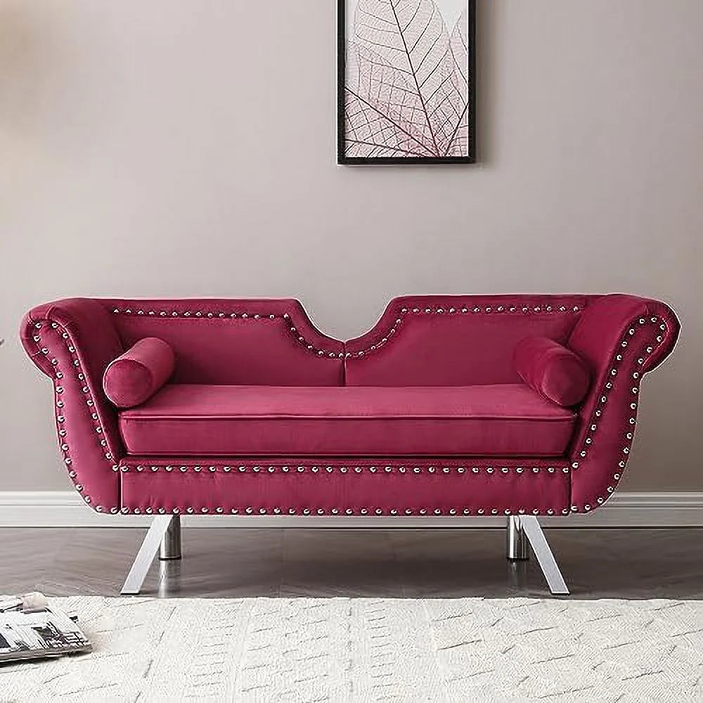 Velvet Ottoman Bench with Back and Silver Metal Legs H8066