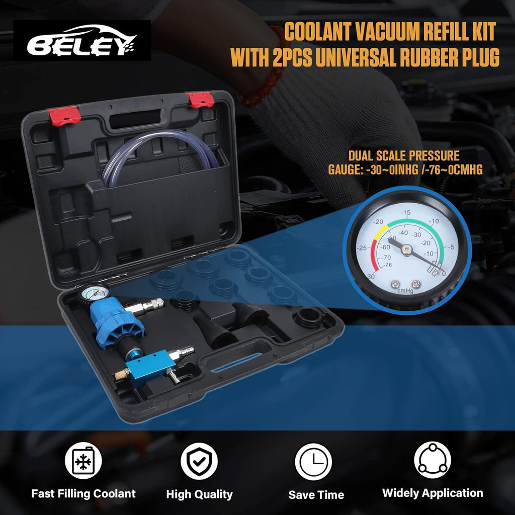 Universal Coolant Vacuum Refill Kit with Dual Scale Pressure Gauge, 2PCS Rubber Plug and 8PCS Rubber Adapters F6205