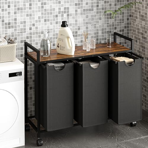 3 Pull Out Removable Laundry Sorter Bags Rolling Laundry Hamper with Wheels I340568
