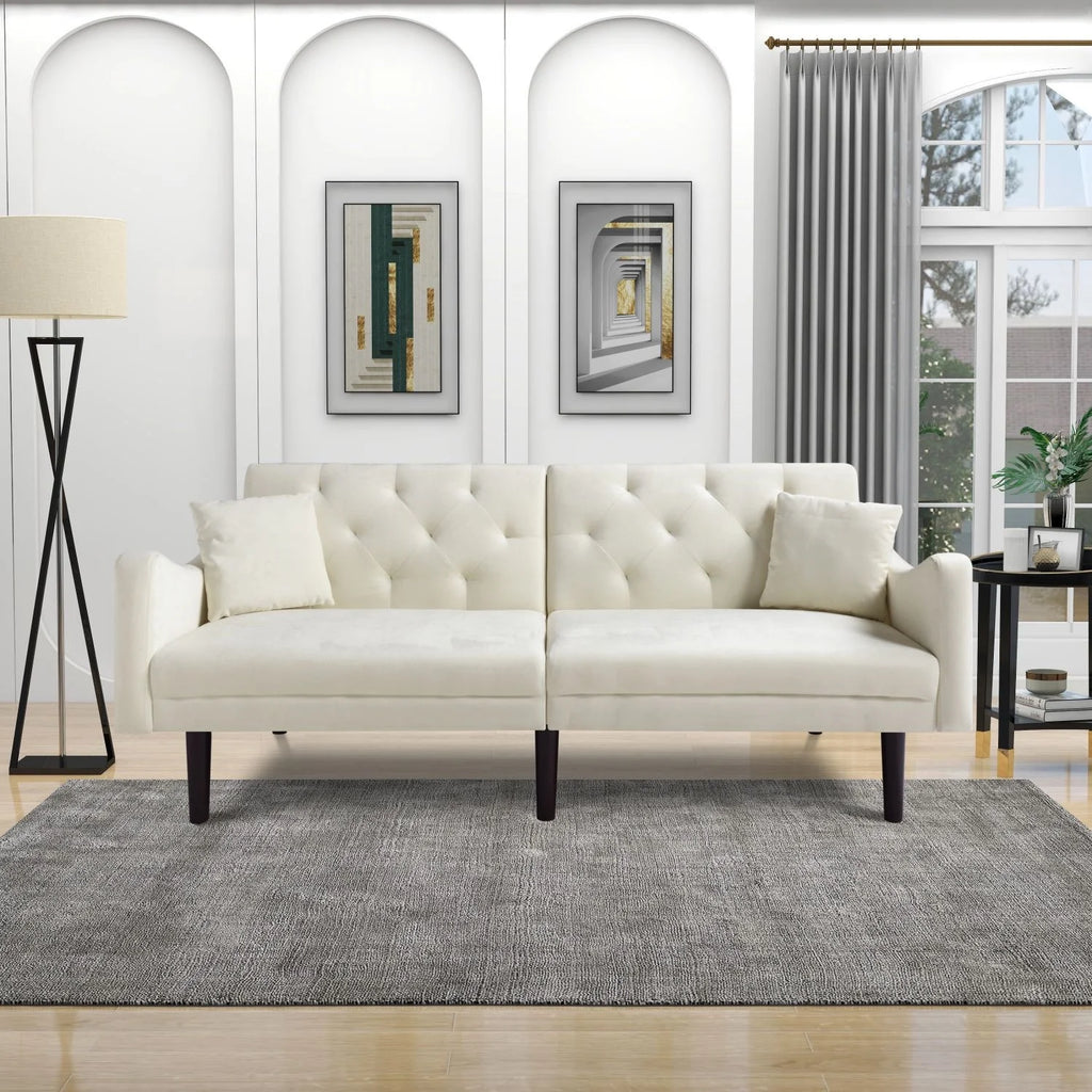 Beige Velvet Futon Sofa Bed with Pillows U82920