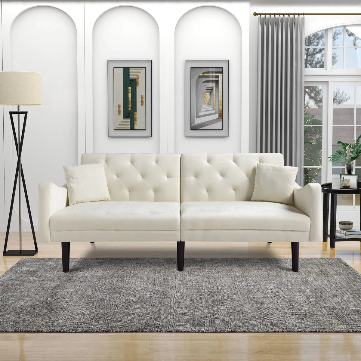 Beige Velvet Futon Sofa Bed with Pillows U82920