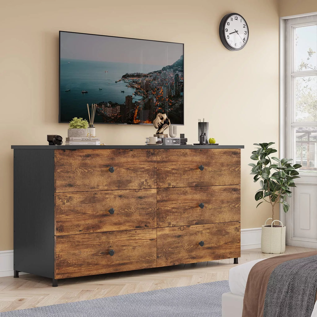 Brown 6 Drawer Wooden Dresser with Steel Frame Z4528