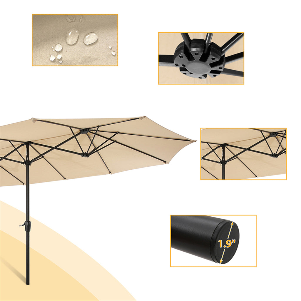Tan Double-Sided Rectangular Patio Market Umbrella with Crank F7824