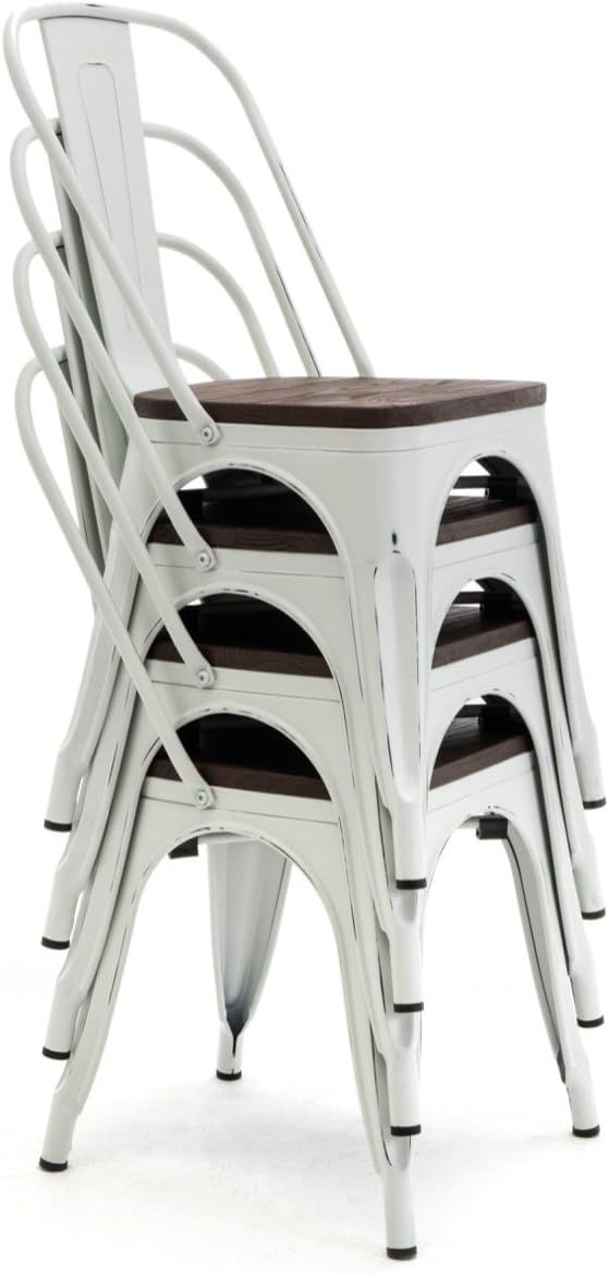 Set of 4 Stackable Metal Dining Chairs with Wood Seat F67303