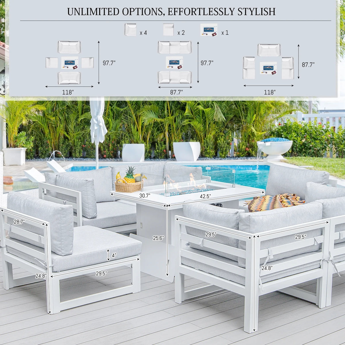 Aluminum Patio Conversation Set with 43" Propane Fire Pit Table White S3646