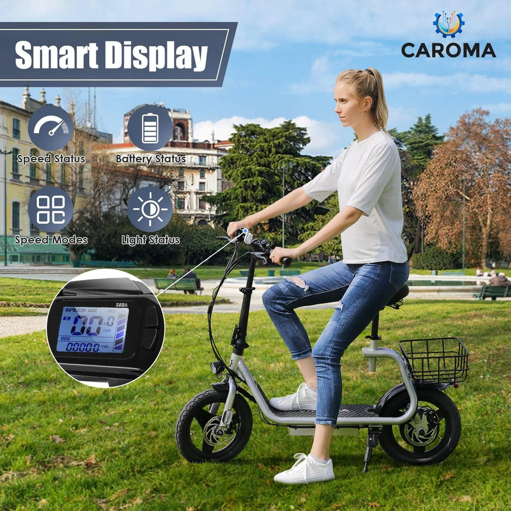 800W Adults Folding Electric Scooter with Removable Seat, Basket, 14" Tire, Silver B498