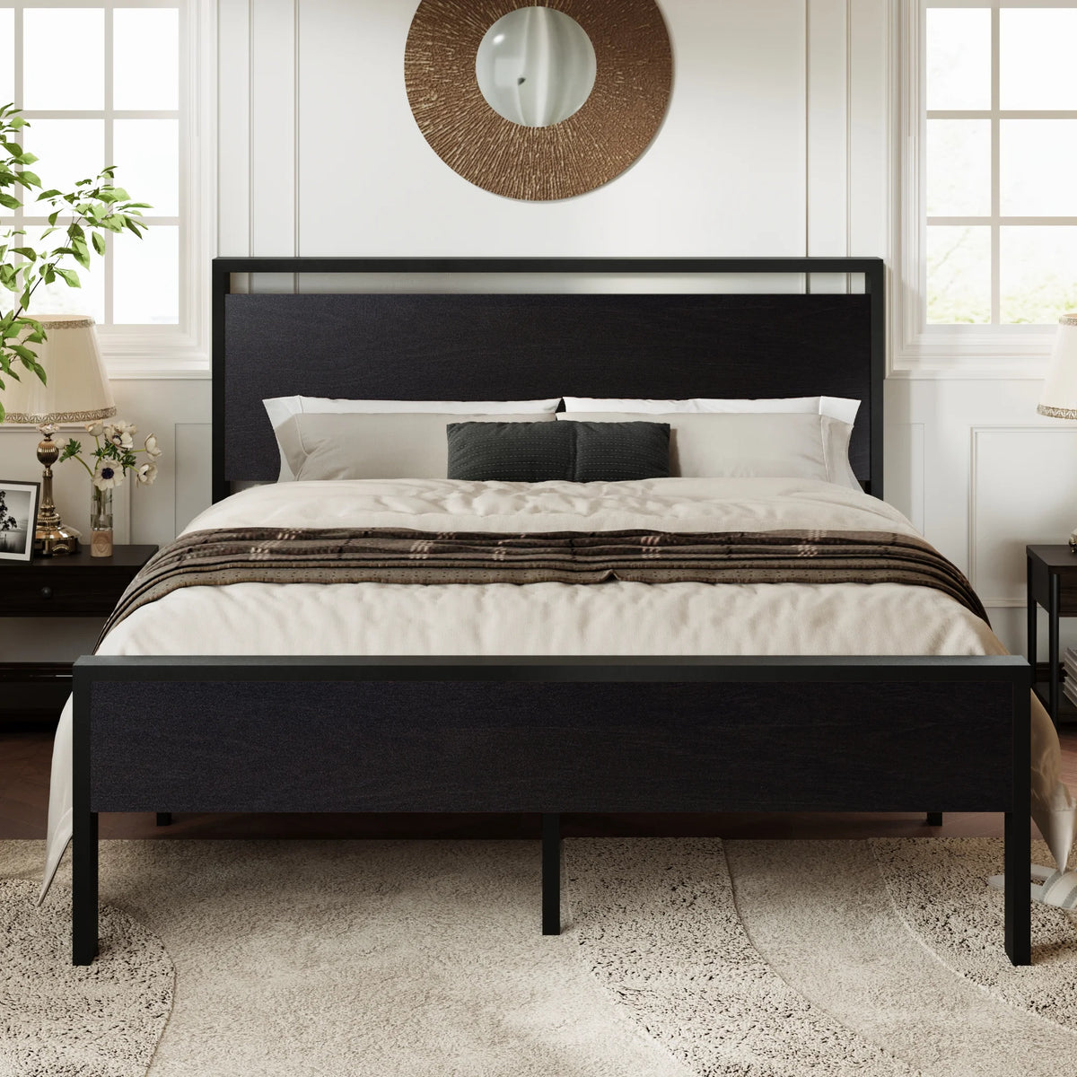 Walnut King Size Platform Bed Frame with Wood Headboard A7215