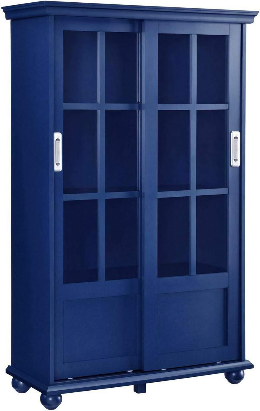 Navy Blue 4 Shelves Wooden Bookcase with Glass Door W98473