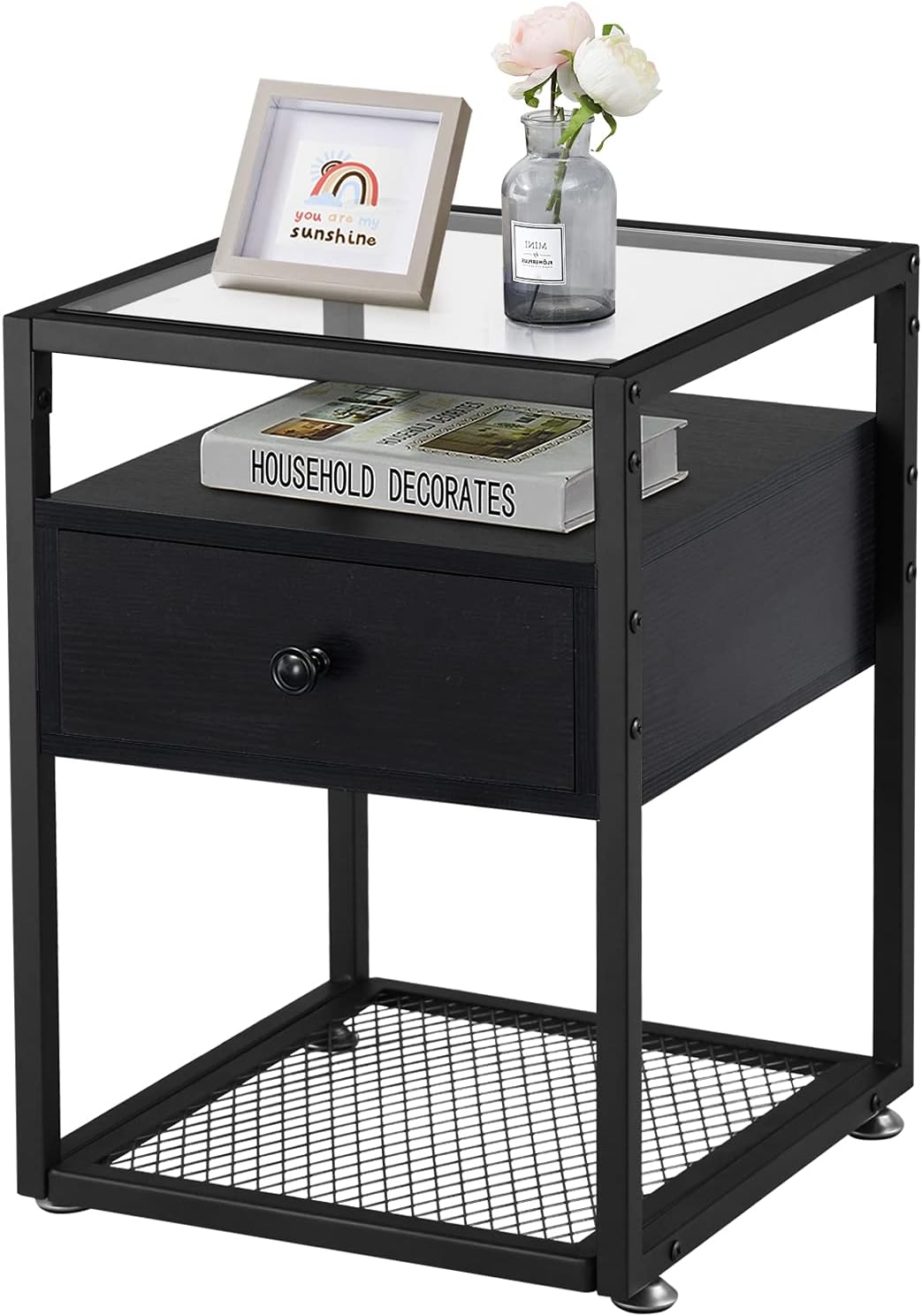 Black Nightstand with Drawer and Shelf T4770