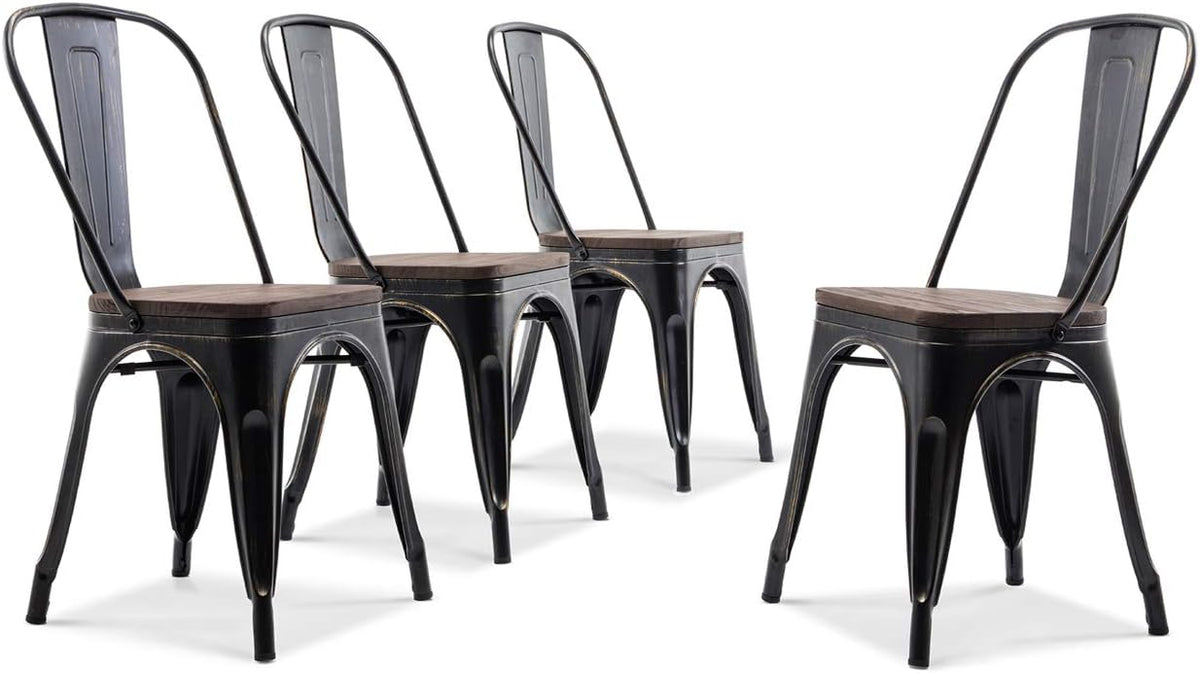 Set of 4 Stackable Metal Dining Chairs with Wood Seat F67303