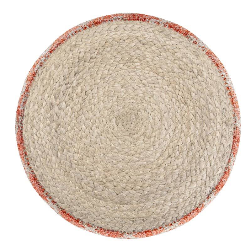 Coral and Natural Woven Braided Jute Round Pouf O5383