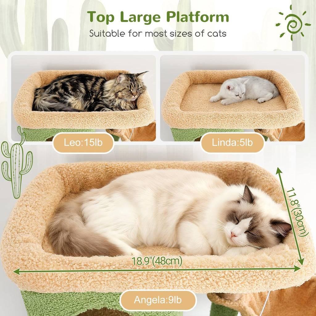 66 inch Multi-Level Cactus Climbing Tower Kitty Condo with Large Platform, 3 Caves M68820